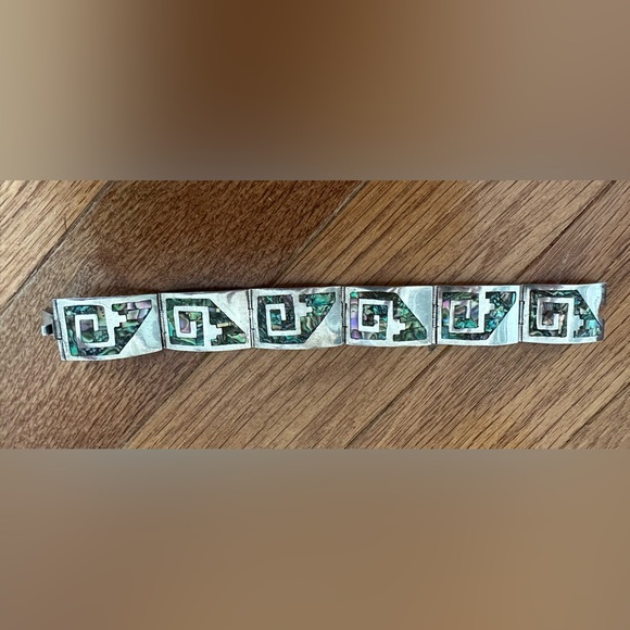 Rare Vintage Silver Mexico Abalone Shell Six Panel Link Bracelet - Picture 3 of 8